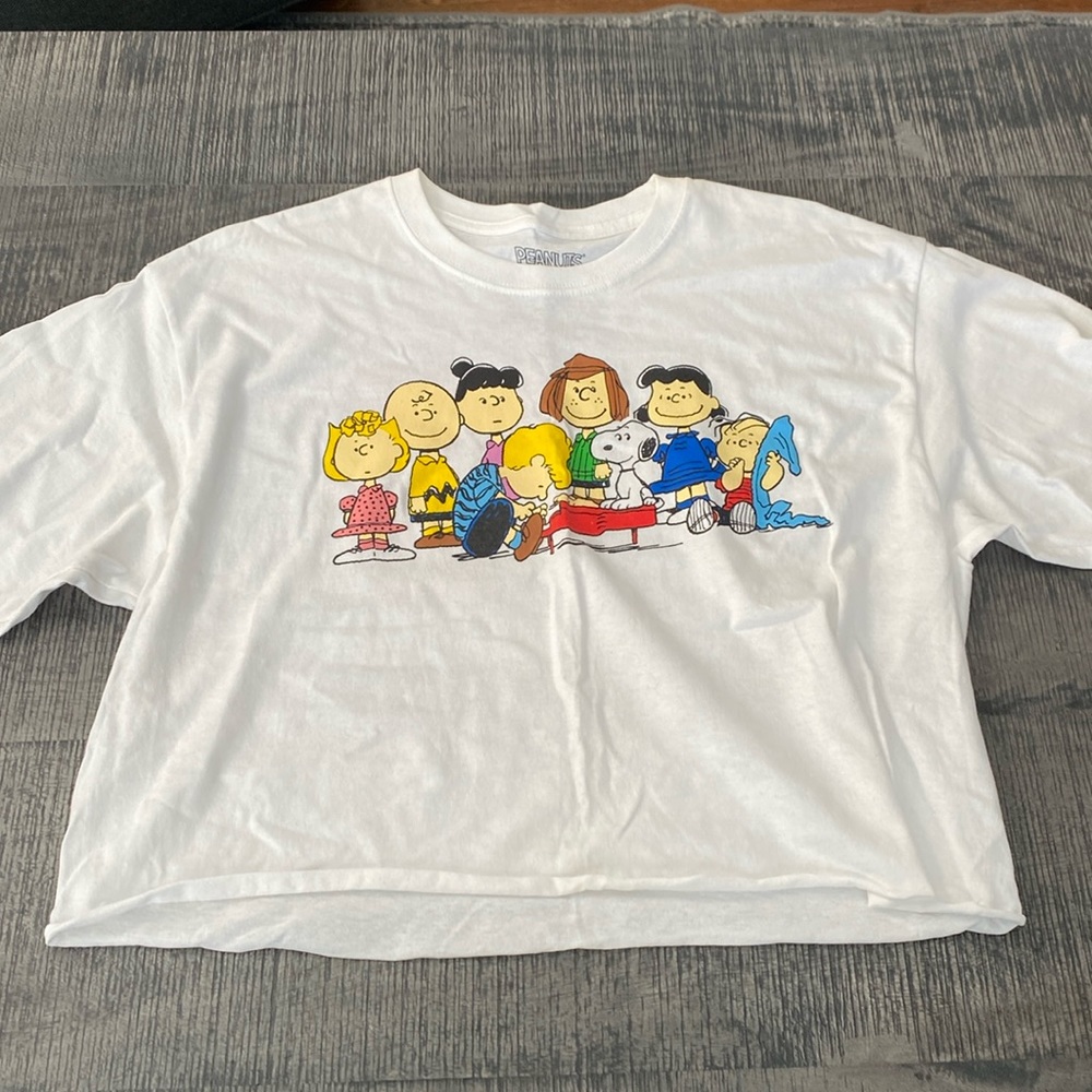 Women’s cropped graphic tee. Size large. Pre-owned.